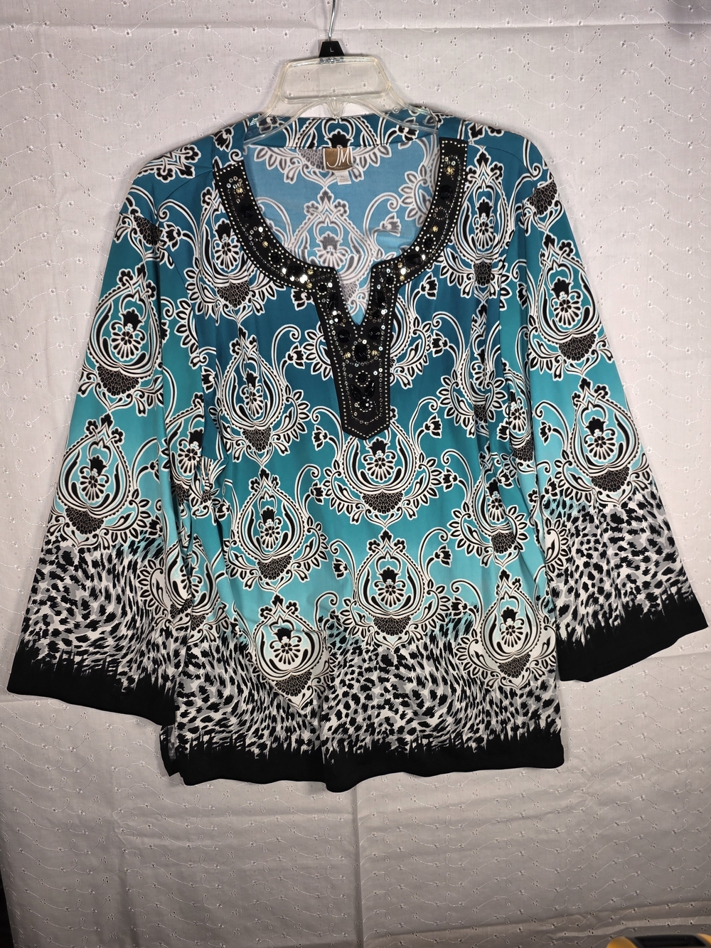 JM Collection Turquoise Black White Printed Tunic Top